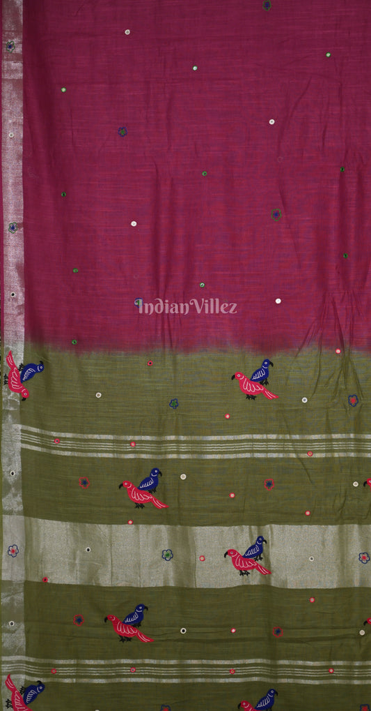 Magenta Pink Green Bird Motif Hand Embroidered Applique Work Saree