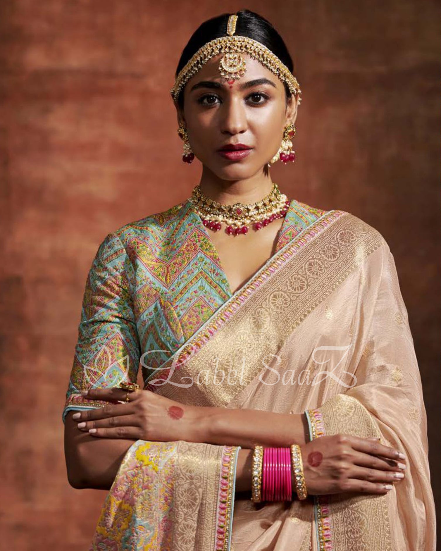 Peach Sky Blue Designer Meenakri Banarasi with Kashmiri Embroidery and Heavy Blouse