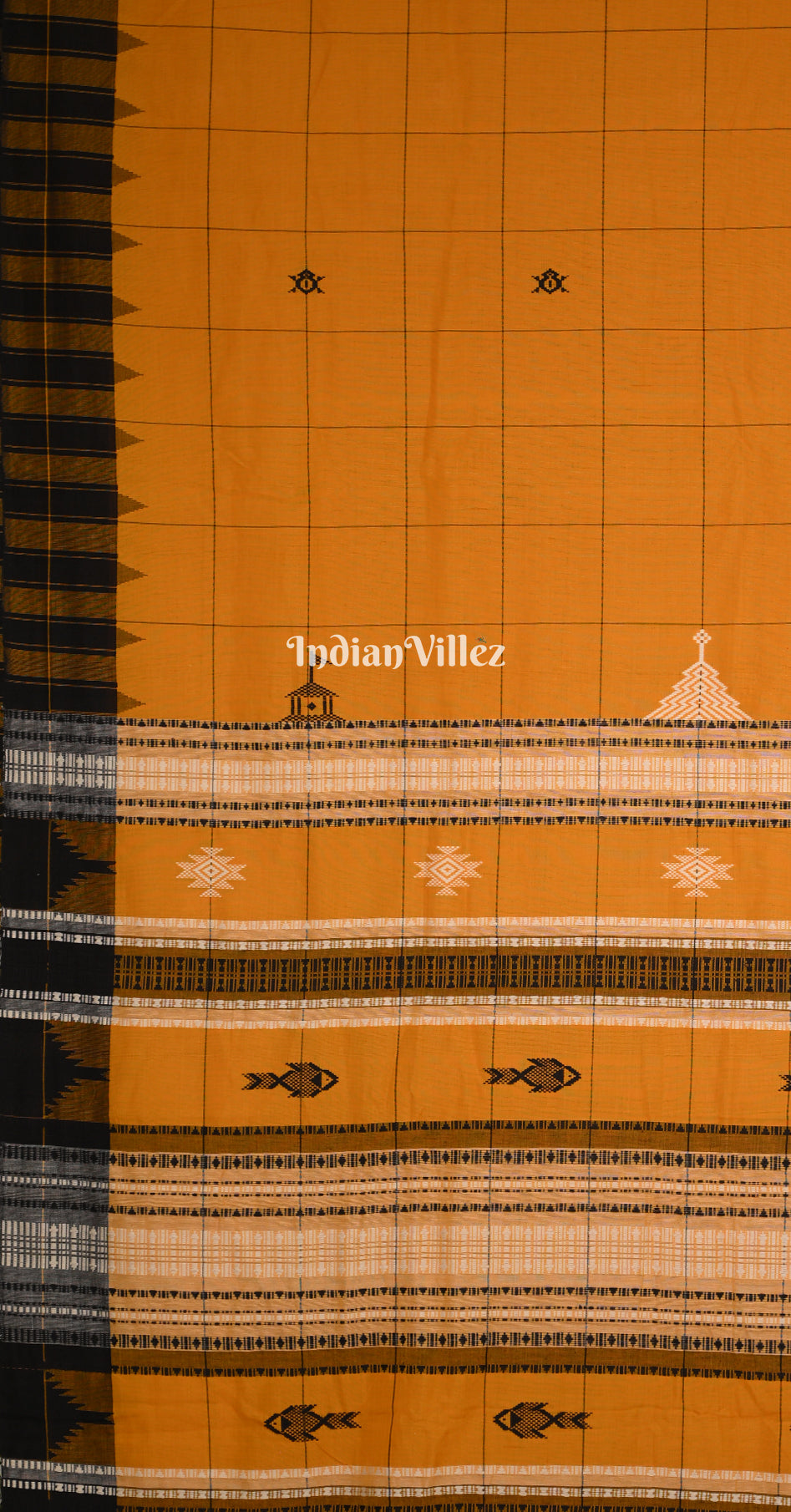 Mustard Yellow Black Odisha Handloom Natural Dye Kotpad Cotton Saree 