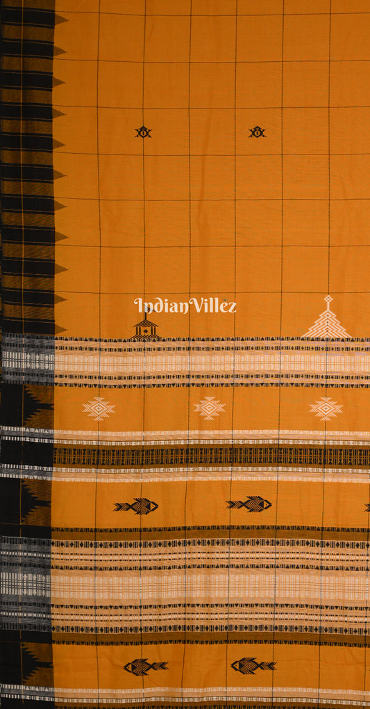 Mustard Yellow Black Odisha Handloom Natural Dye Kotpad Cotton Saree 