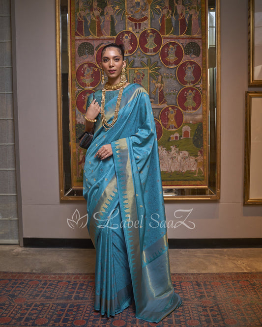 Sky Handloom Weaving Silk Saree With Heavy Blouse