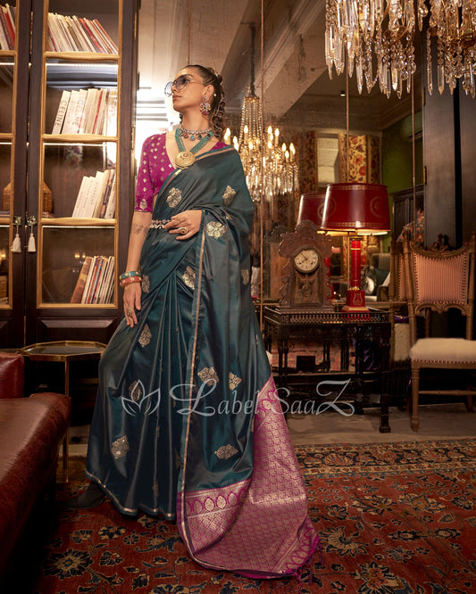 Dark Green Pure Satin Handloom Weaving Silk Saree