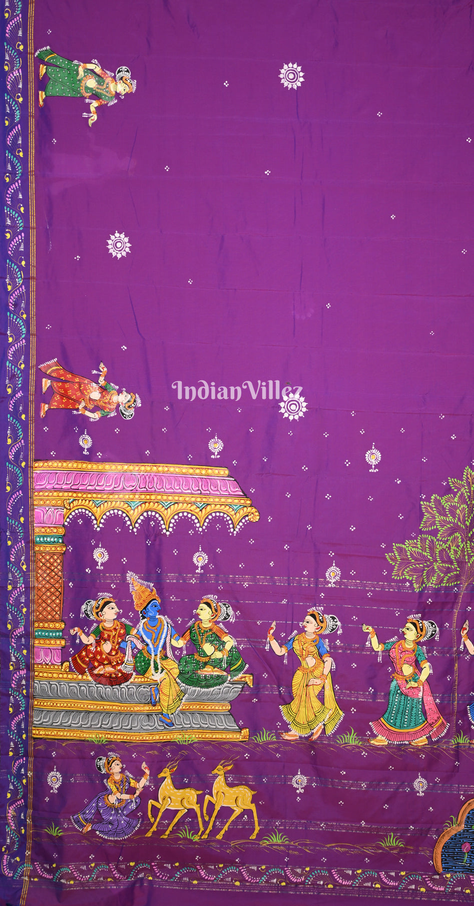 
Purple Krishna Rasa Leela Hand-Painted Pattachitra Saree 
