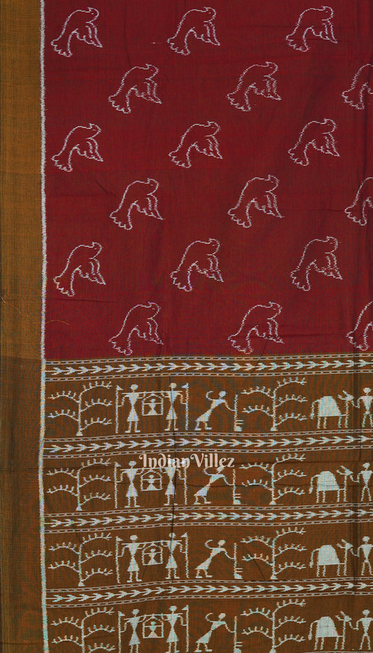 Maroon Pigeon Odisha Ikat Sambalpuri Pure Cotton Saree