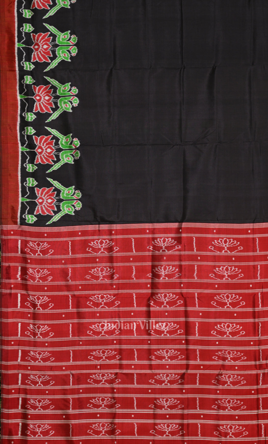Black  Red Lotus Parrot Border Odisha Ikat Contemporary Designer Saree 