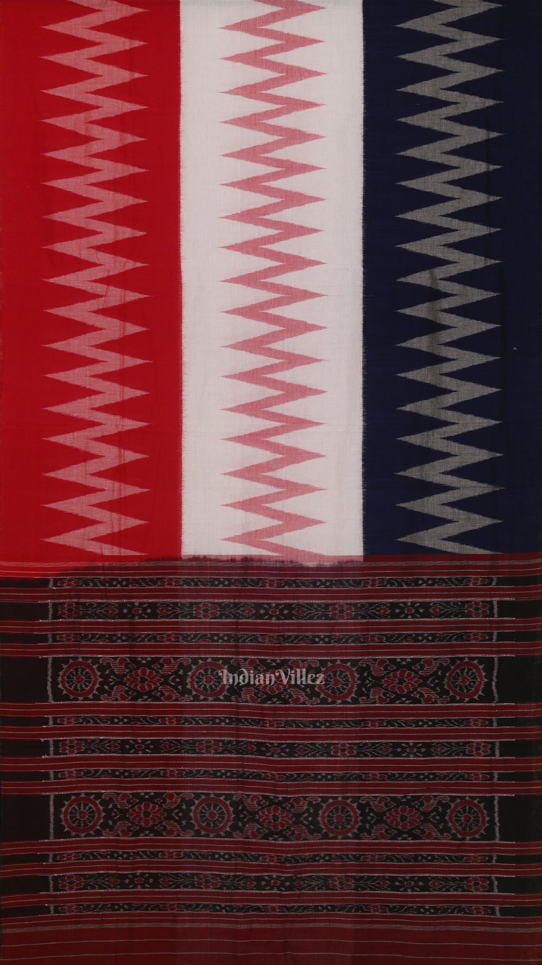 White Red  Blue Maniabandha Cotton Saree 