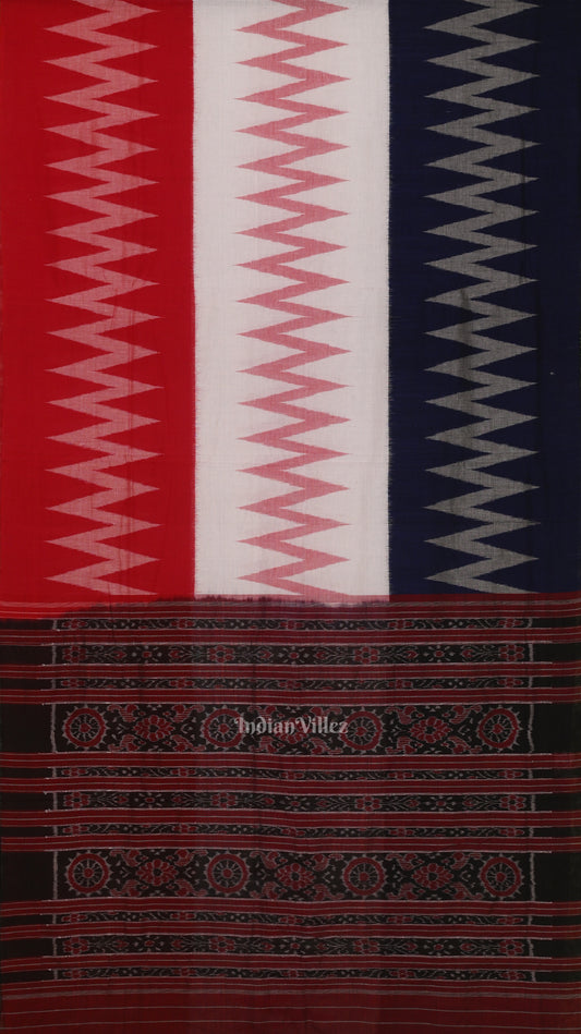 White Red  Blue Maniabandha Cotton Saree 
