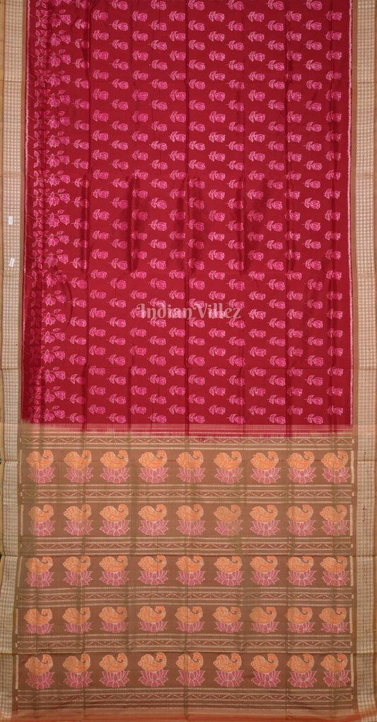 Maroon Beige Rose Motif Sambalpuri Silk Saree with Sankha Padma Pallu