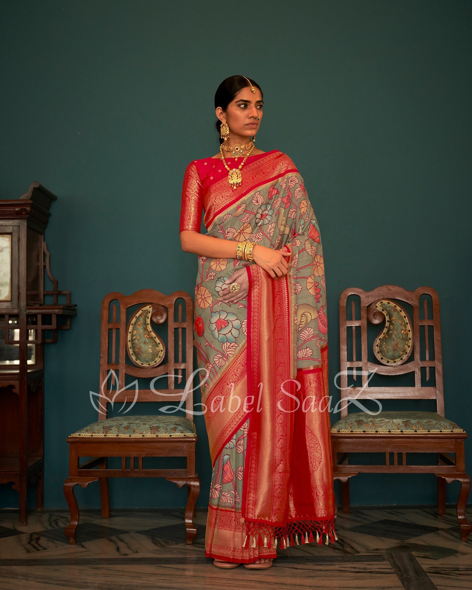 Light Brown Kalamkari Print on Kanjivaram Silk
