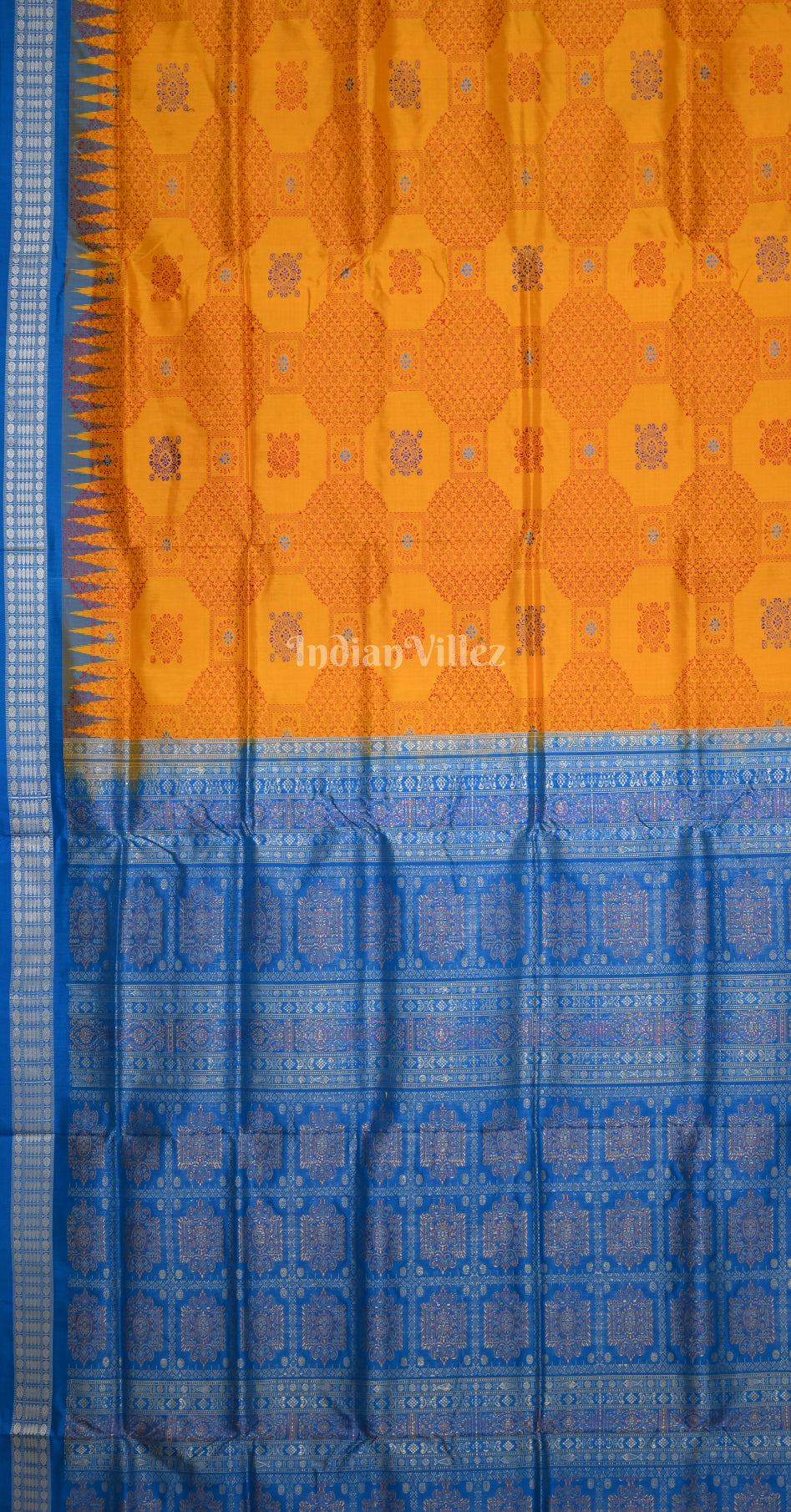 Orange Blue Tribal Design Odisha Ikat Bomkai Sambalpuri Silk Saree