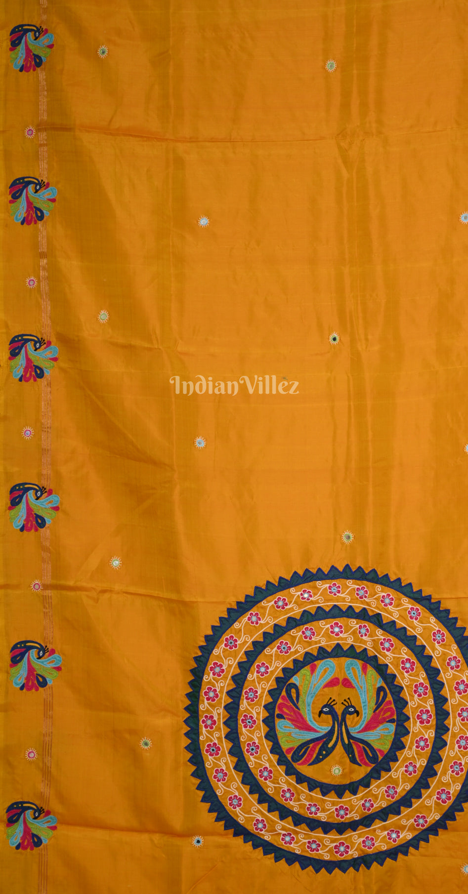 Mustard Yellow Peacock Motif Hand Embroidered Applique Work Saree
