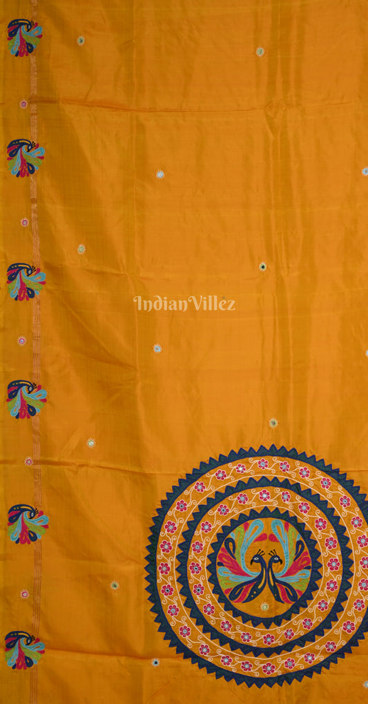 Mustard Yellow Peacock Motif Hand Embroidered Applique Work Saree