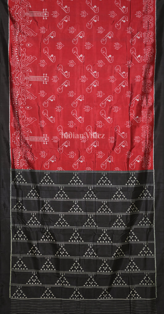 Red Black Veena Motif Contemporary Designer Silk Saree 