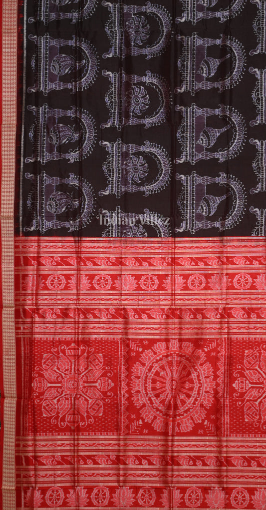 Black Red Sankha Chakra Gada Odisha Ikat Sambalpuri Silk Saree 