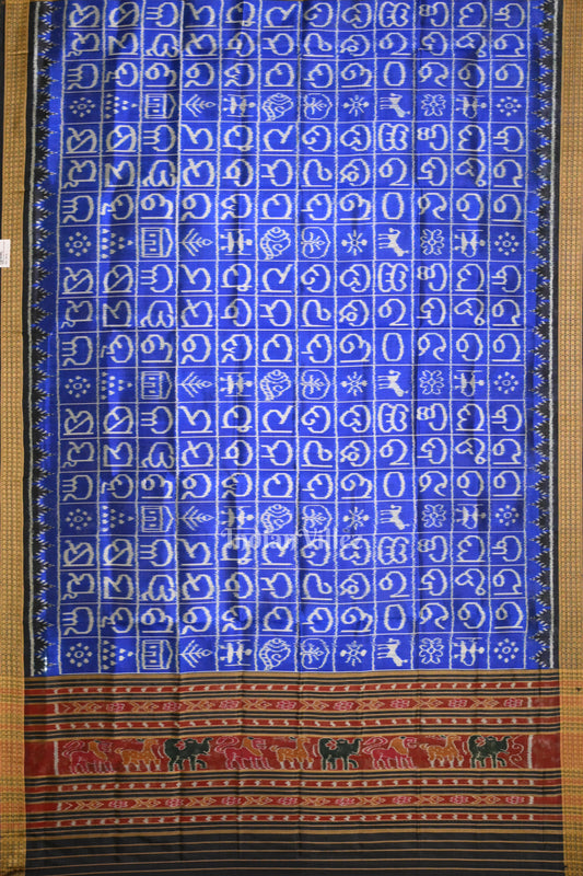 Blue Odia Varnamala Odisha Ikat Pure Sambalpuri Silk Dupatta
