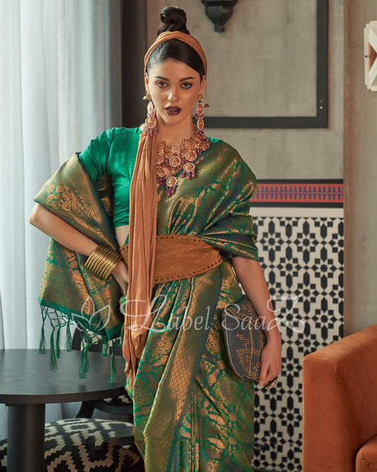 Rama Green Two tone kanjivaram Silk Saree 