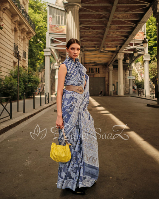 Ink Grey Handwoven Pure Organza Silk Chikankaro Saree