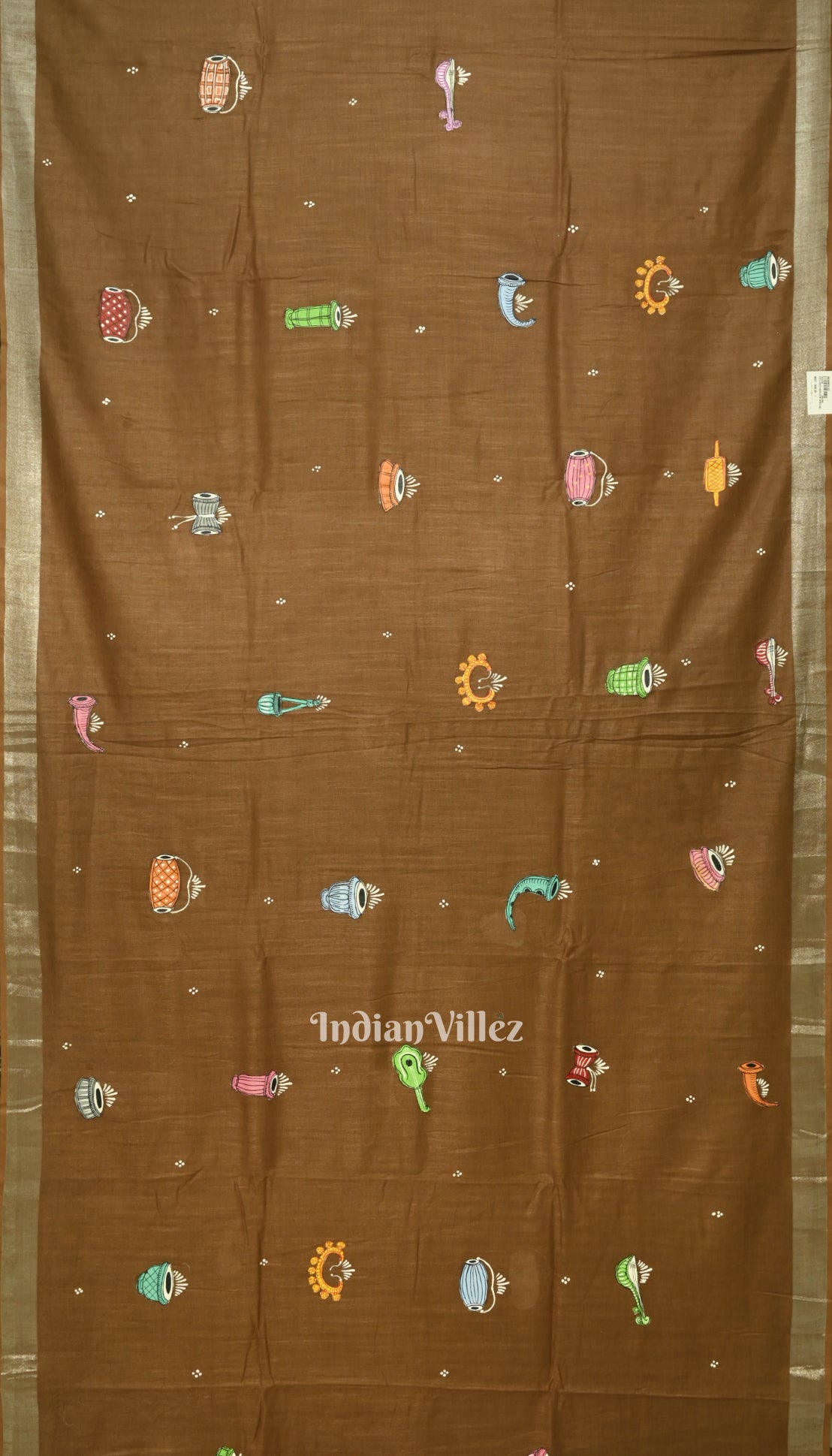 Caramel Musical Theme Hand-Painted Pattachitra Linen Saree With Zari Border