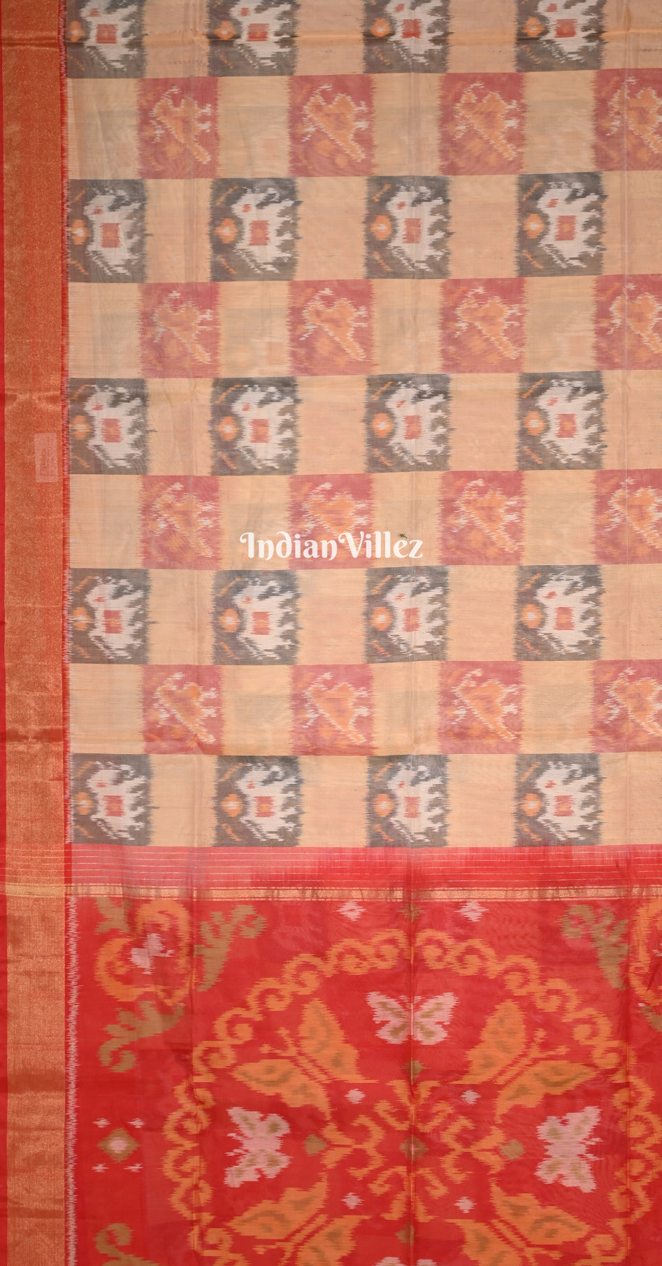 Beige Red Pochampally Ikat (Sico) Saree 