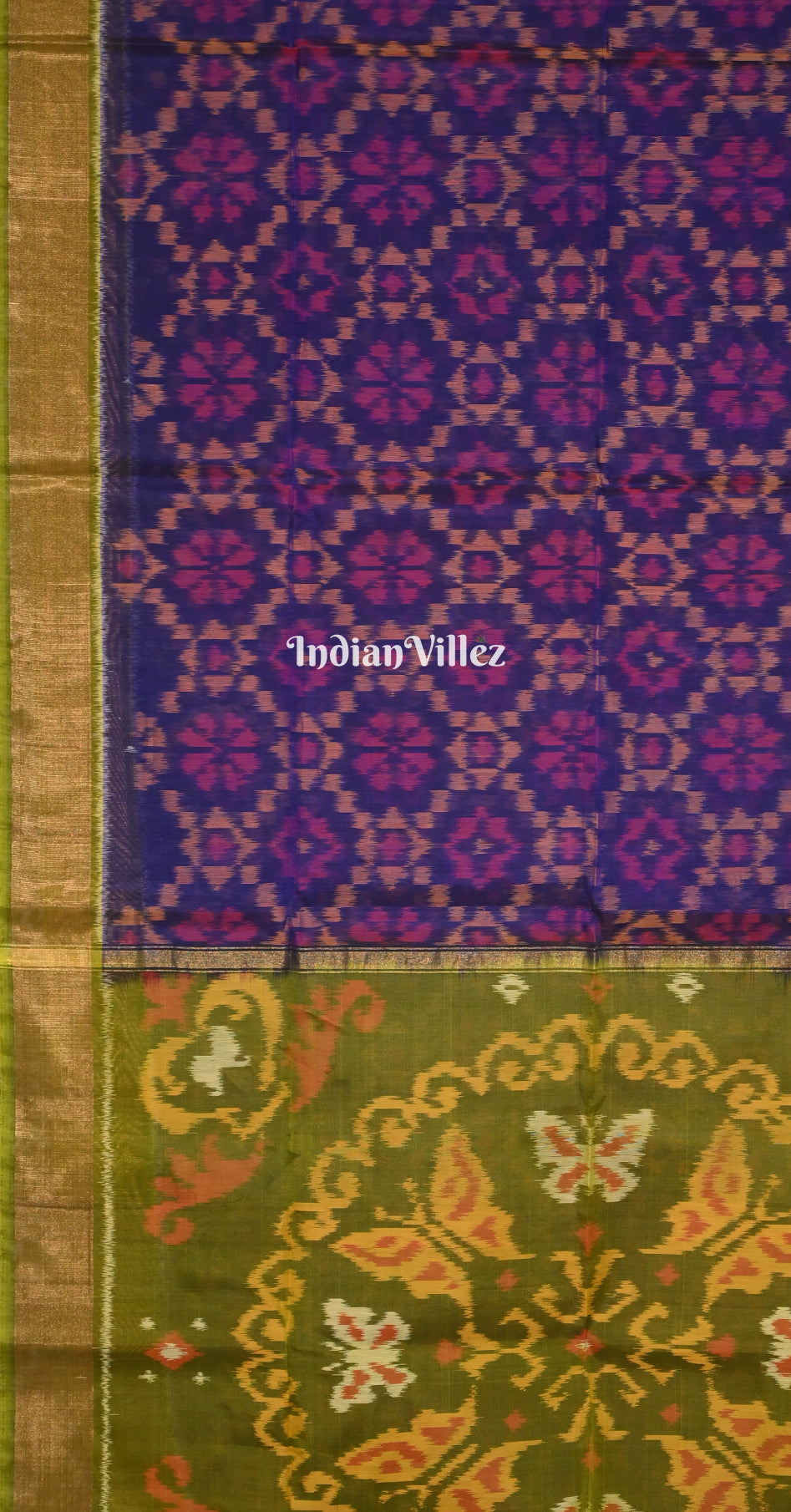 Navy Blue Mehendi Green Pochampally Ikat Silk Cotton (Sico) Saree
