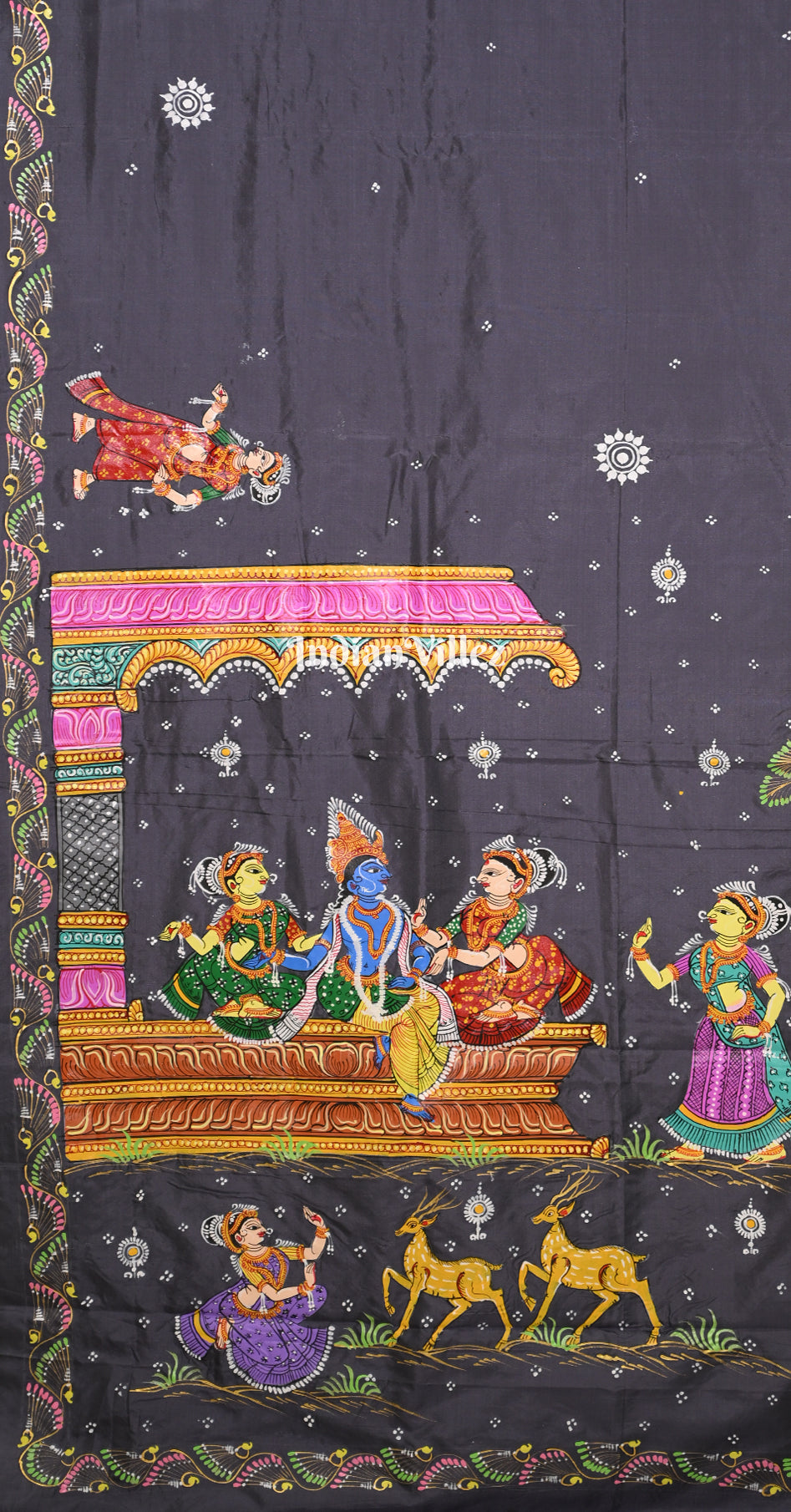 Grey Krishna Raas Leela Hand-Painted Pattachitra Saree