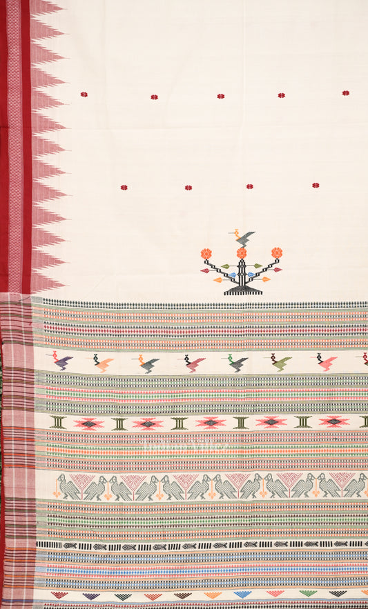 White Handwoven Original Ganjam Bomkai Cotton Saree

