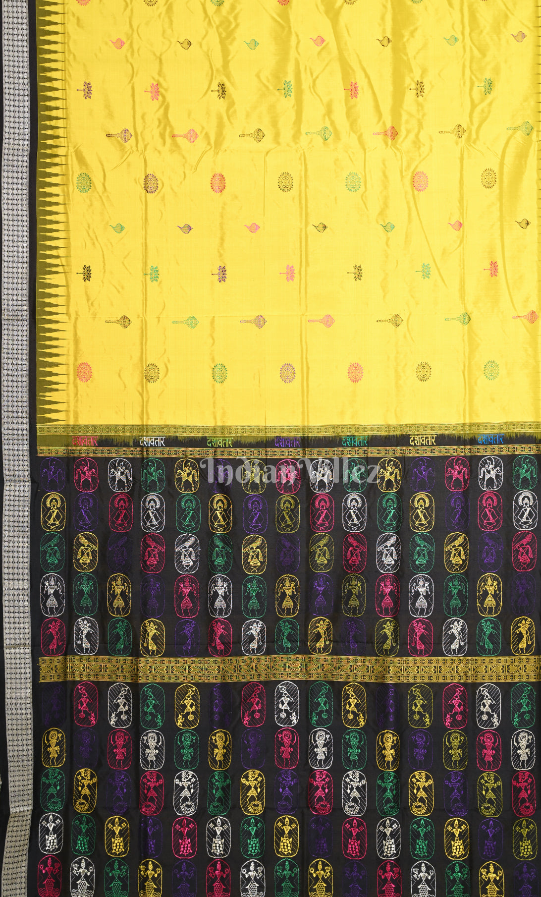 Yellow Black Odisha Ikat Bomkai Sambalpuri Silk Saree with Dasabatara Anchal