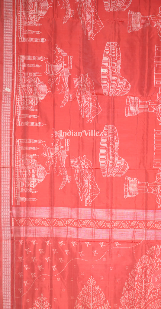 Red Natural Dyed Odisha Ikat Sambalpuri Silk Saree ( 7 Wonders of the World) 