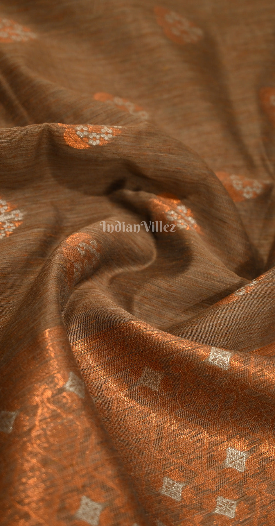 Rust Gery Linen Banarasi With Copper Zari Saree