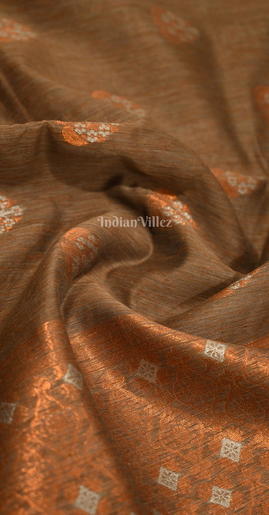Rust Gery Linen Banarasi With Copper Zari Saree