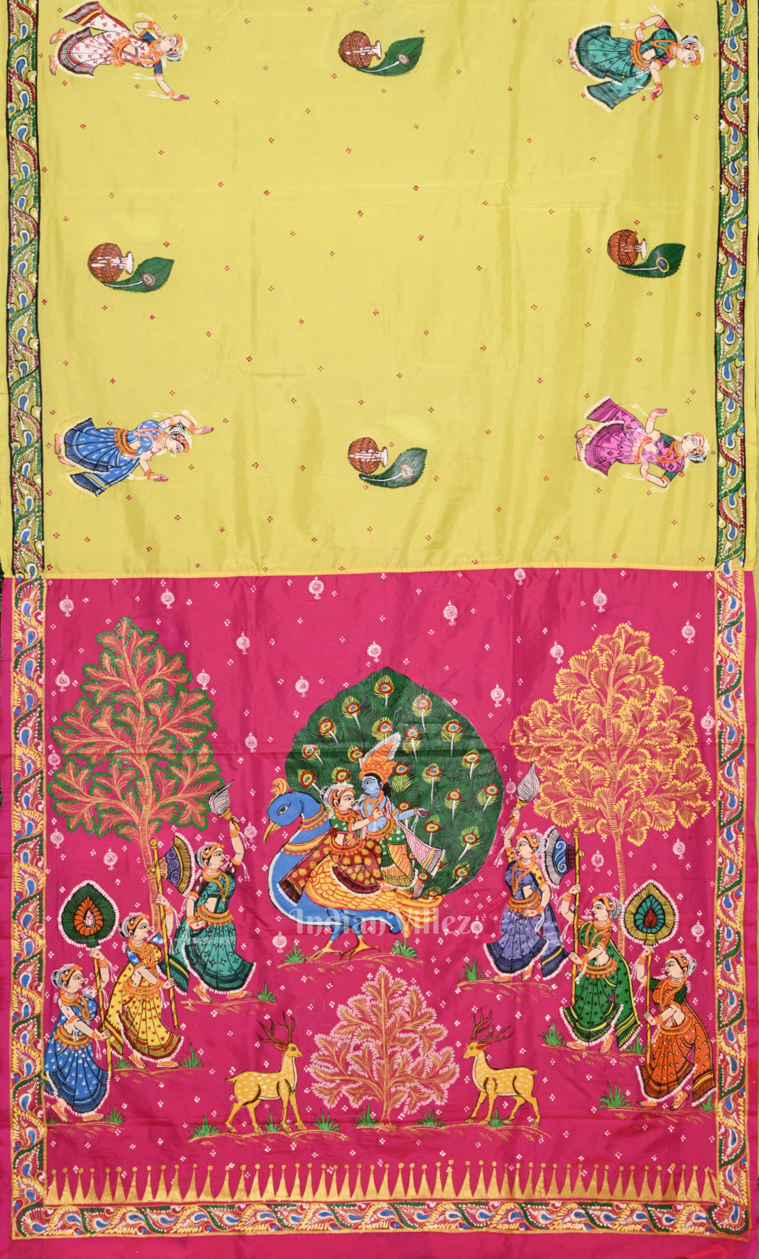 Yellow Pink PEACOCK (Mayur) & Radha Krishna Theme Hand-Painted Pattachitra Saree