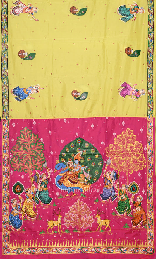Yellow Pink PEACOCK (Mayur) & Radha Krishna Theme Hand-Painted Pattachitra Saree