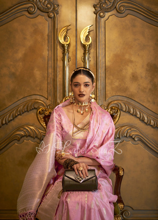 Lemonade Pink Zari Handwoven Banarasi Satin Silk Saree