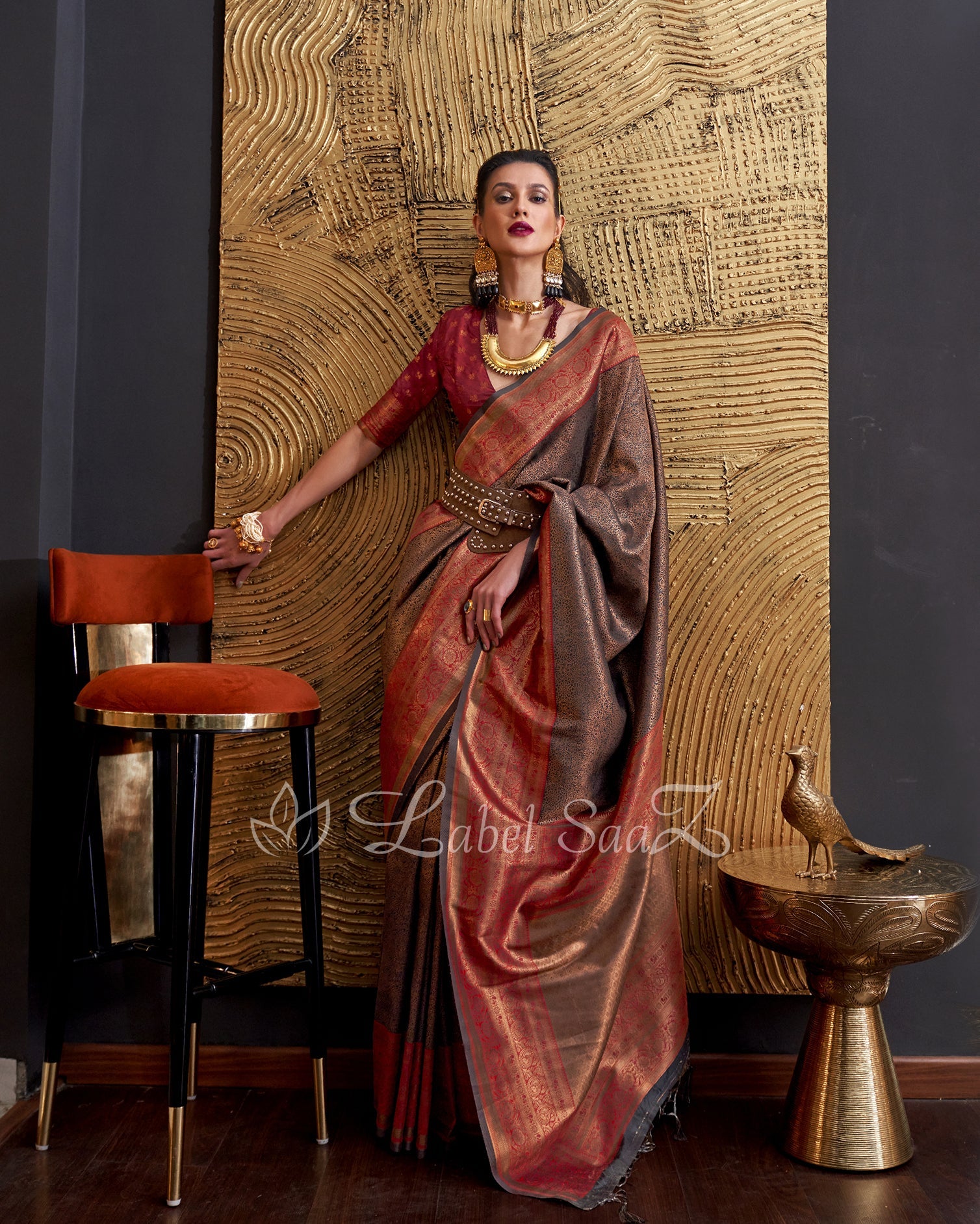 Brown Red Chaap Handloom Weaving Silk Saree