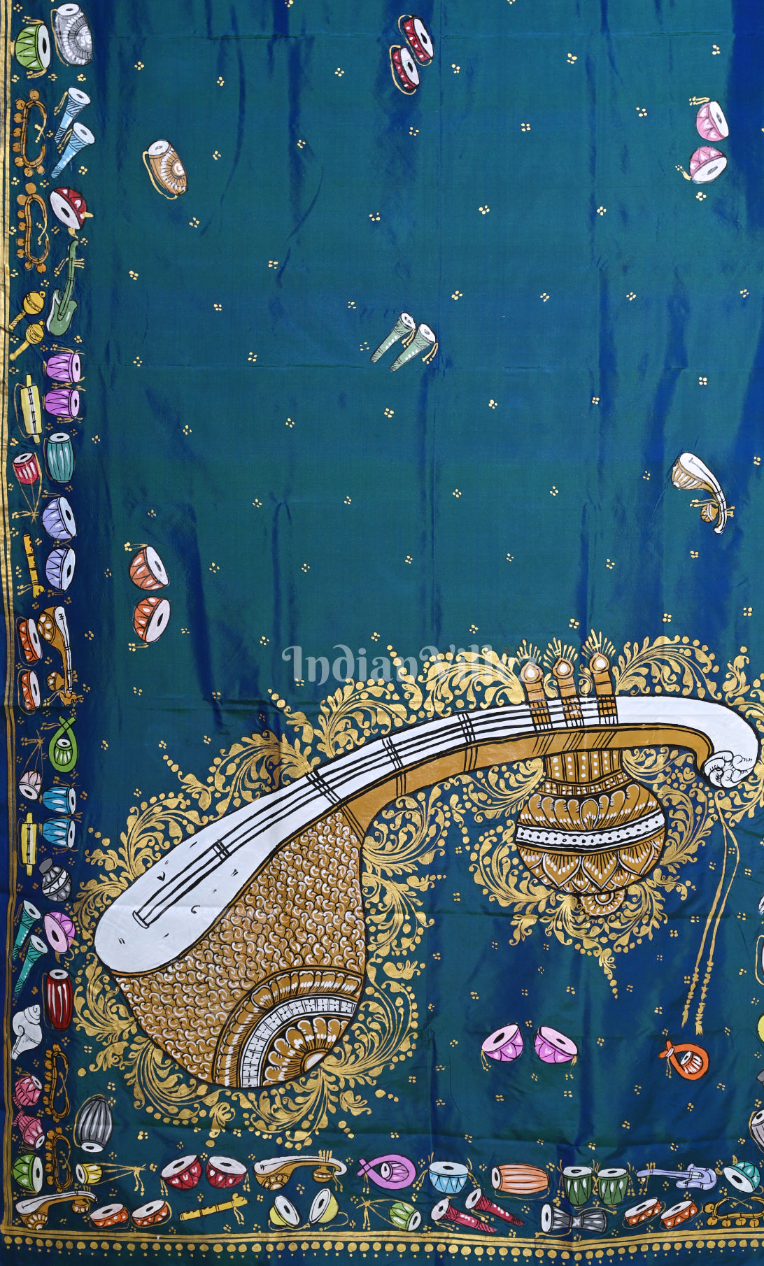 Peacock Blue Sitar Instrument Hand-Painted Pattachitra Saree 