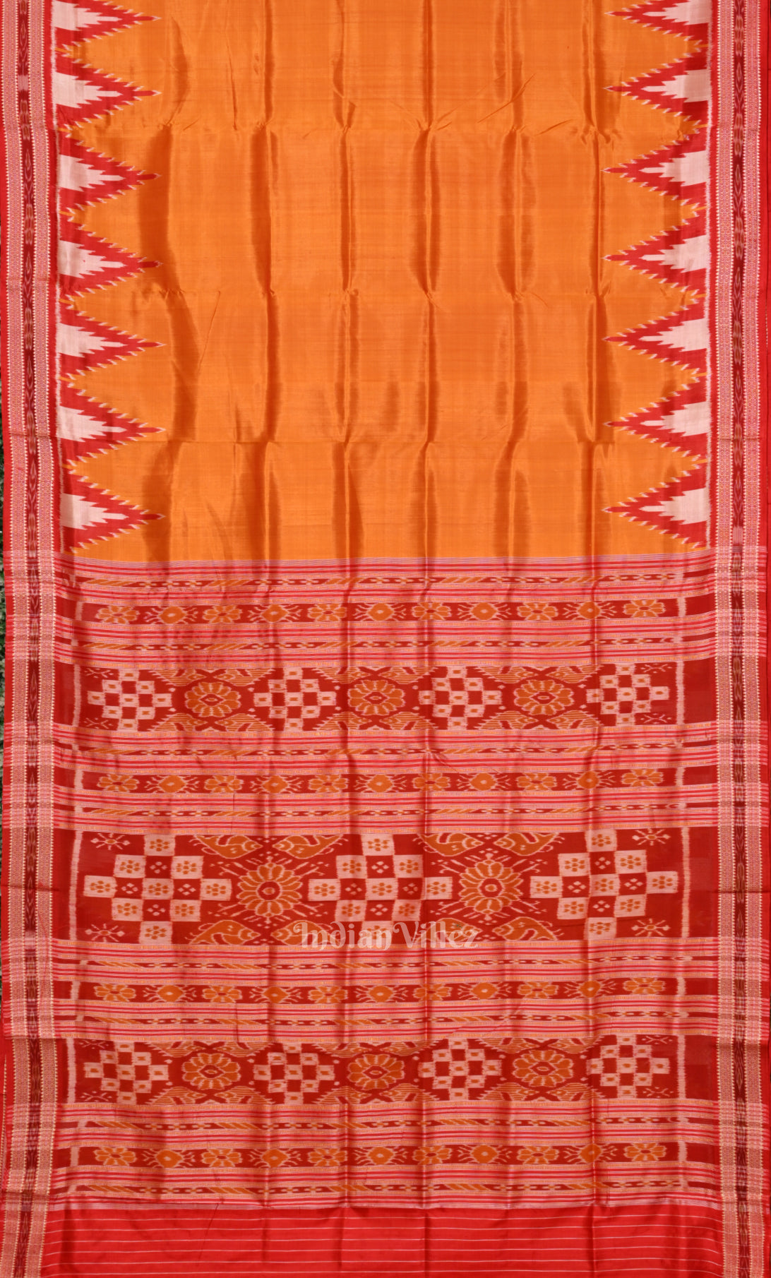 Golden Yellow Red Odisha Ikat Khandua Silk Saree