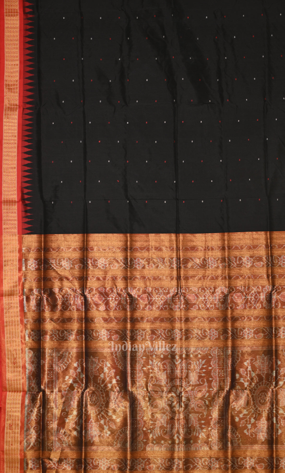 Black Red Buti Design Bomkai Sambalpuri Ikat Silk Saree 