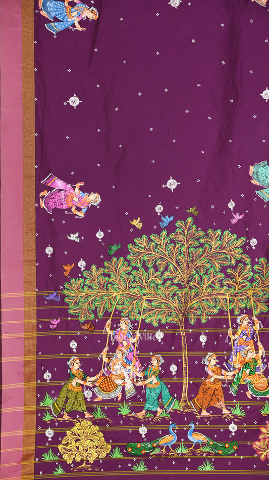 Magenta Pink  Raja Doli Theme Hand-Painted Pattachitra Saree 