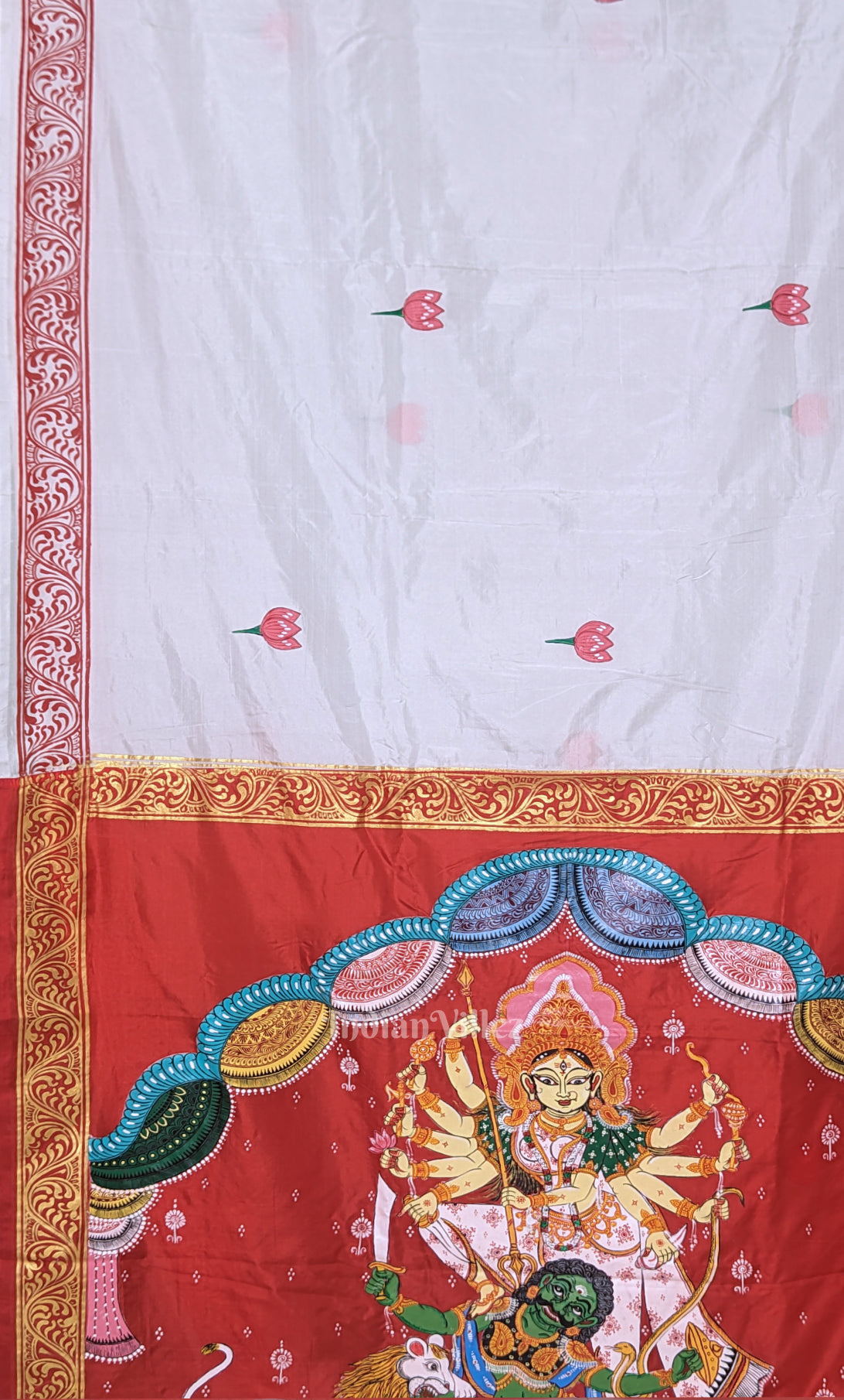 White Red Durga Puja Theme Hand-Painted Pattachitra Saree 