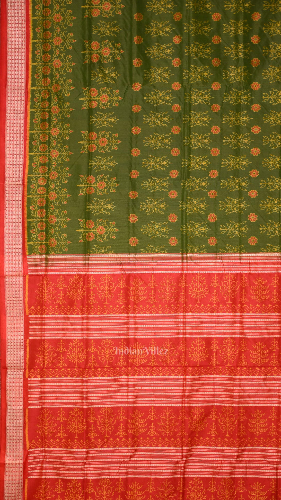 Mehendi Green Red Floral Motif Odisha Handloom Sambalpuri Silk Saree 