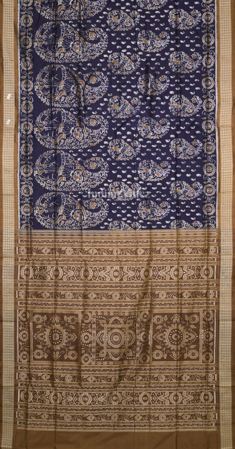 Navy Blue Brown Nartaki Motif Odisha Ikat Sambalpuri Silk Saree 