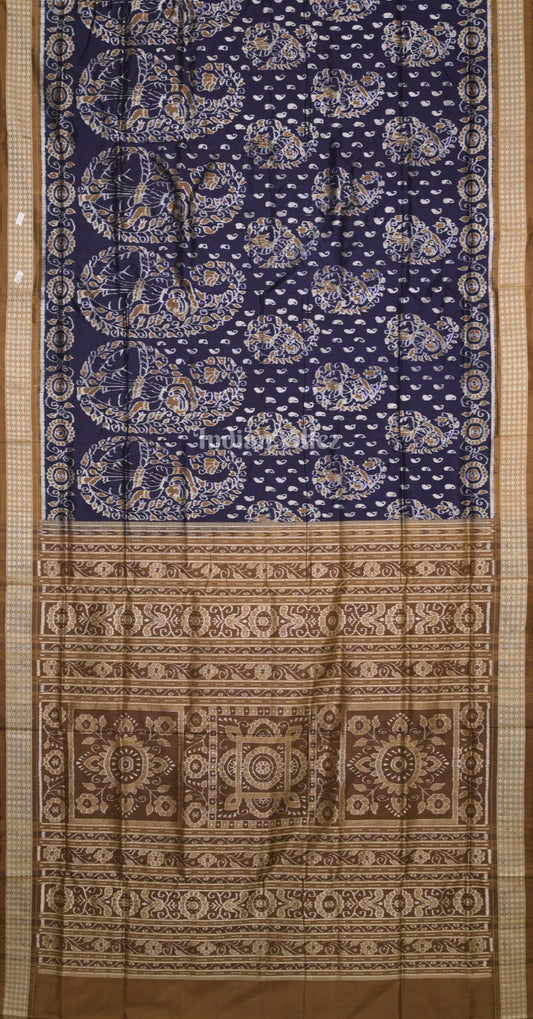 Navy Blue Brown Nartaki Motif Odisha Ikat Sambalpuri Silk Saree 