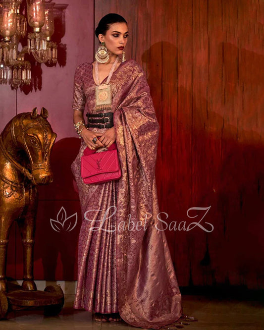 Burgundy Floral Zari Tissue Kanjivaram Silk Saree