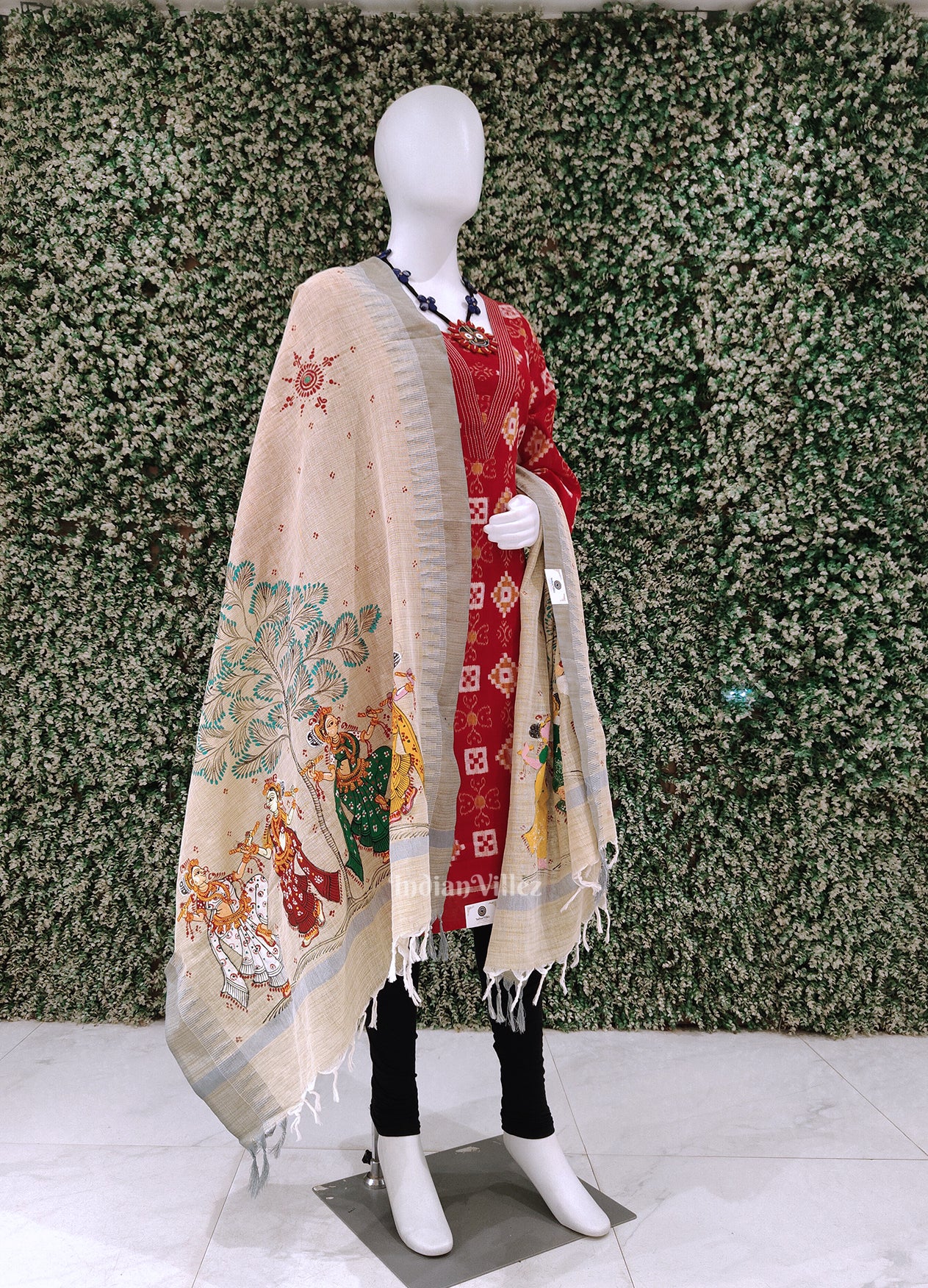 Cream Beige Dandiya Tussar Pattachitra Dupatta