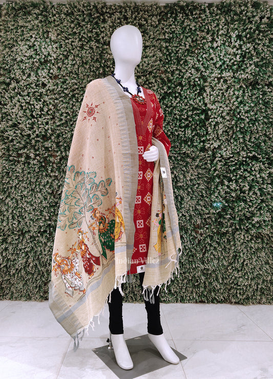 Cream Beige Dandiya Tussar Pattachitra Dupatta