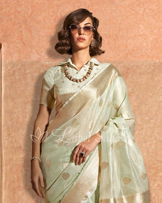 Kiwi Green Kora Tissue Handloom Saree With Paithani Pallu