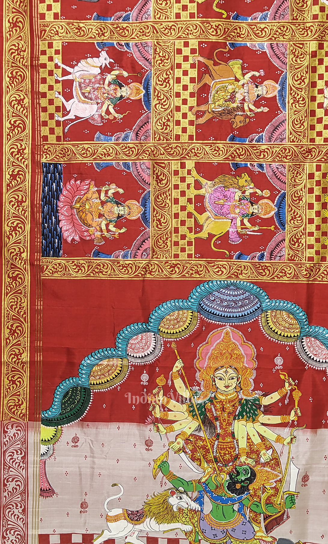 Red White Navaratri Durga Puja Theme Hand-Painted Pattachitra Saree