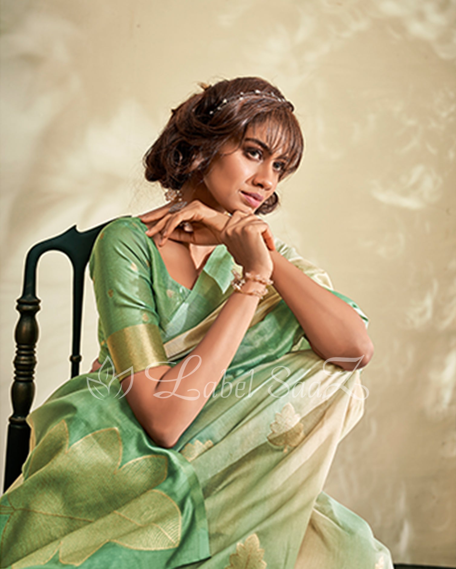 Green Shaded Floral Linen Saree with Zari Work