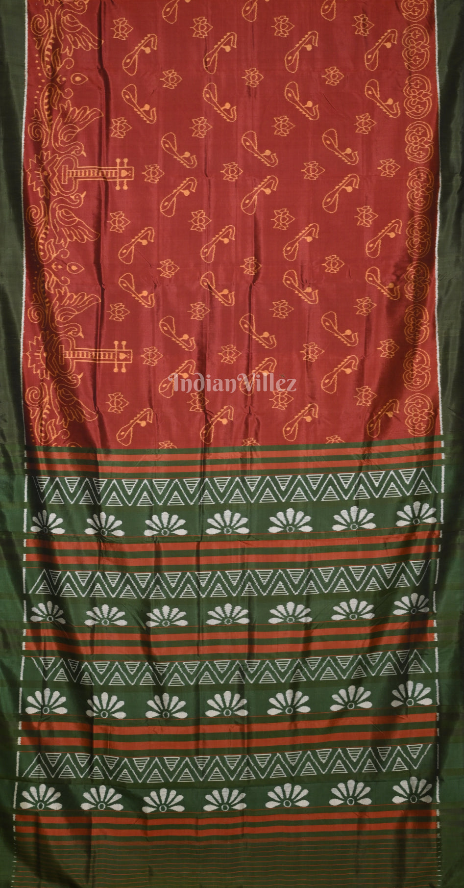 Maroon Bottle Green Veena Motif Contemporary Designer Silk Saree 