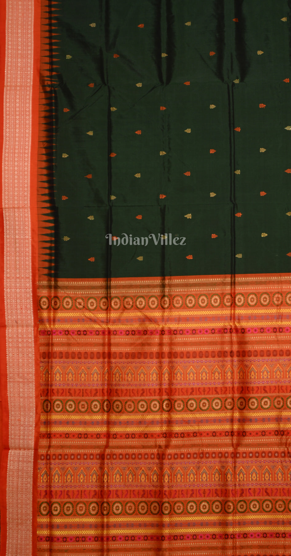 Bottle Green Red Temple Motif Bomkai Sambalpuri Silk Saree with Dolabedi Pallu